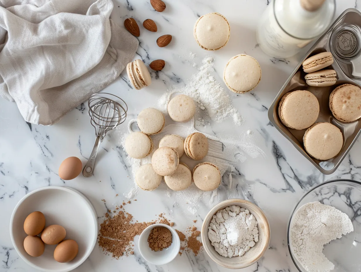 Macaron ingredients including almond flour, powdered sugar, egg whites, granulated sugar, salt, and gel food coloring displayed on a wooden surface.