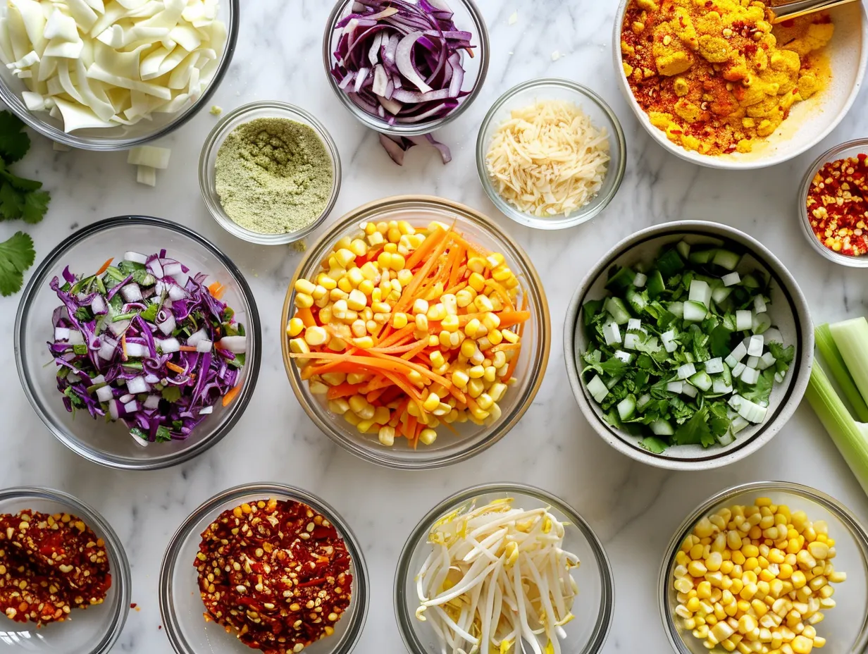 Ingredients for making Mexican Street Corn Coleslaw: coleslaw mix, corn, crema, lime juice, cotija cheese, cilantro, chipotle powder, garlic powder, salt, and pepper.