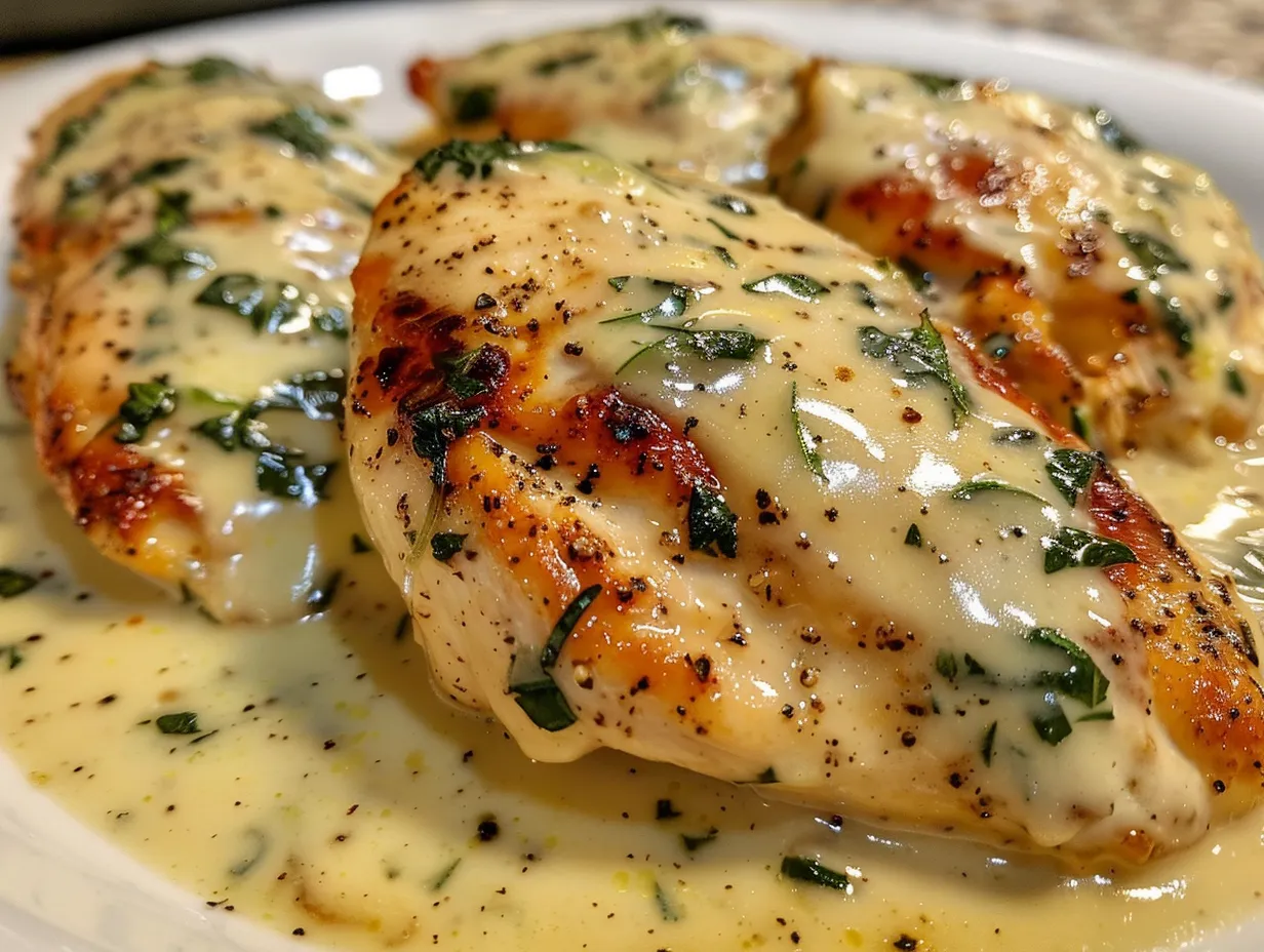Mozzarella Chicken in Basil Cream Sauce plated and ready to serve