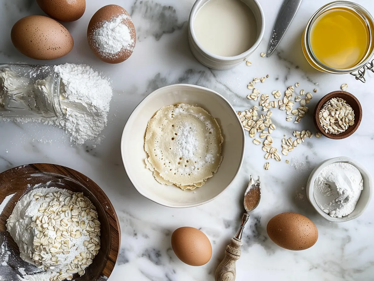 Ingredients for oatmeal crepes laid out on a wooden surface, including oats, milk, egg, coconut oil, maple syrup, vanilla, and salt.