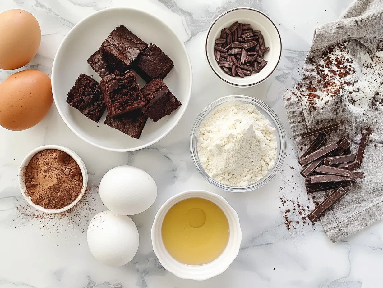 Ingredients for perfect Homemade Brownies, including butter, sugar, cocoa powder, and eggs.