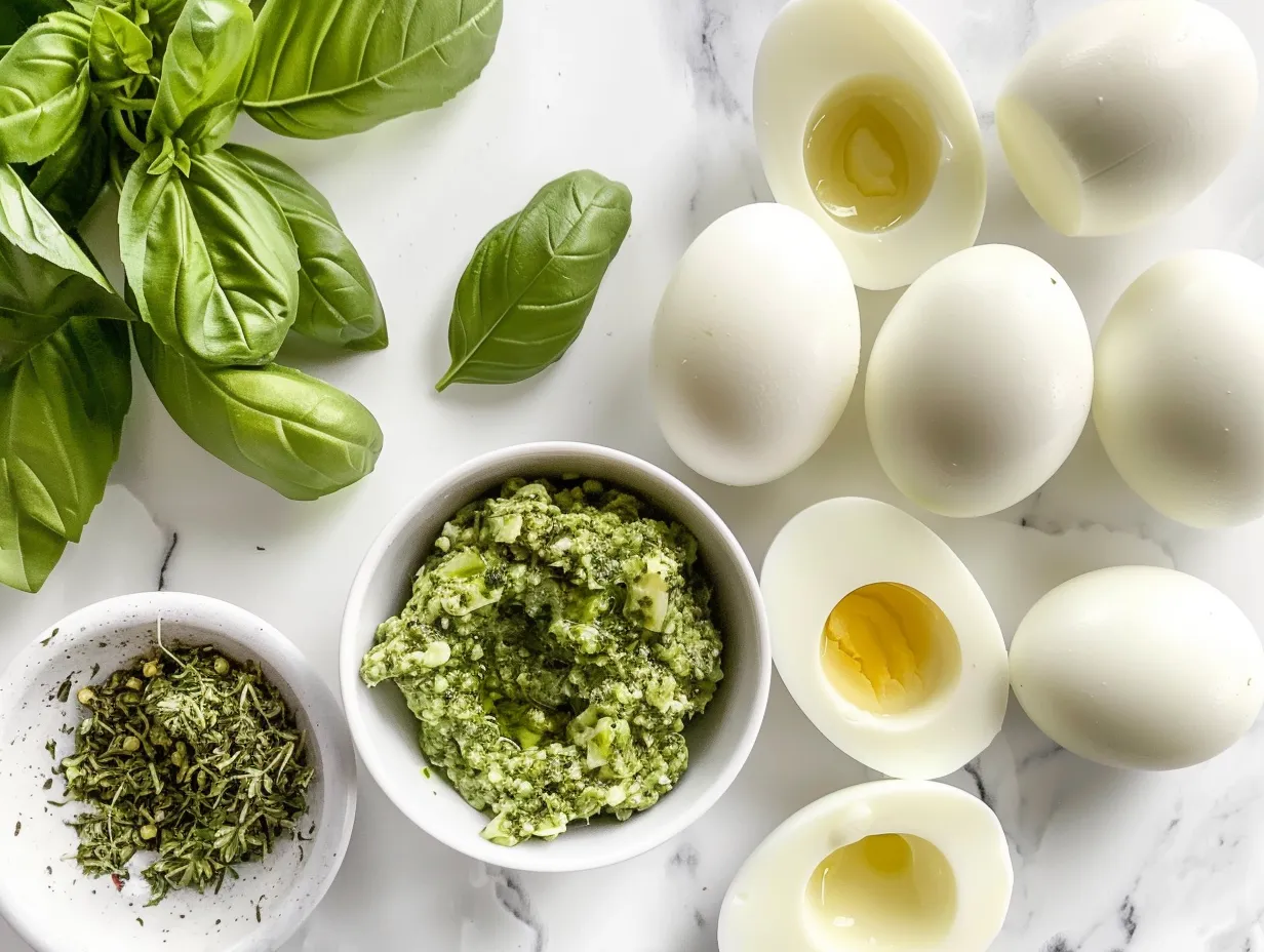 Ingredients for Pesto Deviled Eggs including eggs, mayonnaise, pesto, Dijon mustard, red wine vinegar, salt, pepper, and optional garnishes.