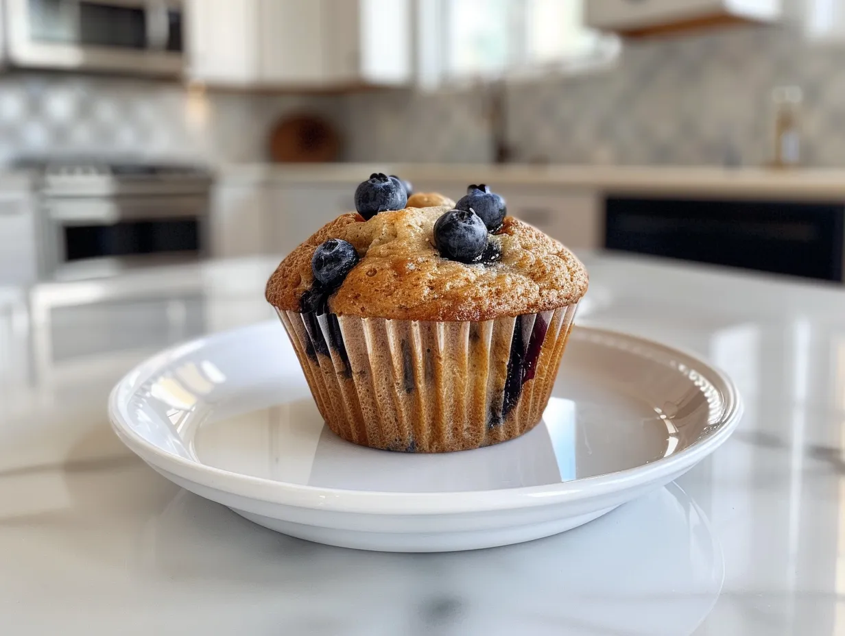 Pile of freshly baked banana blueberry muffins on a cooling rack