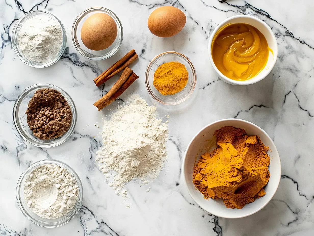 Ingredients for making pumpkin spice donuts: flour, baking powder, baking soda, salt, pumpkin pie spice, sugar, brown sugar, pumpkin puree, milk, butter, egg, and vanilla extract.