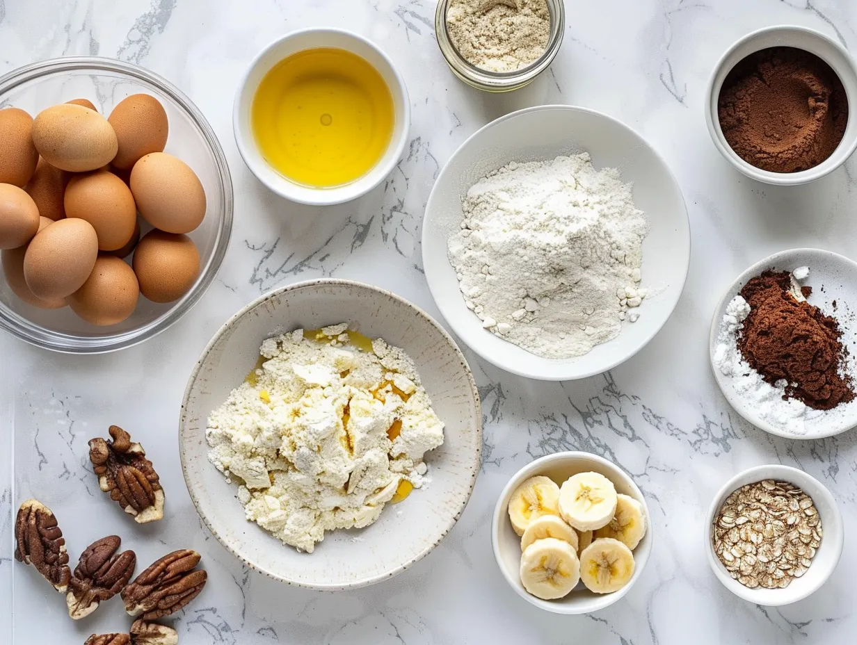 Raw ingredients for baking banana bread: bananas, flour, sugar, butter, egg, and spices