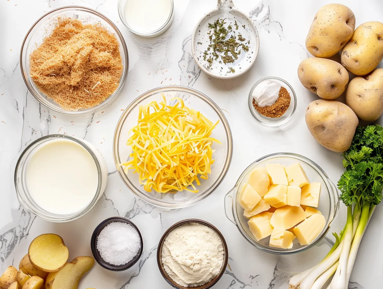 Raw ingredients for Cheesy Potato Soup, including potatoes, onion, garlic, cheese, and spices, laid out on a marble countertop.