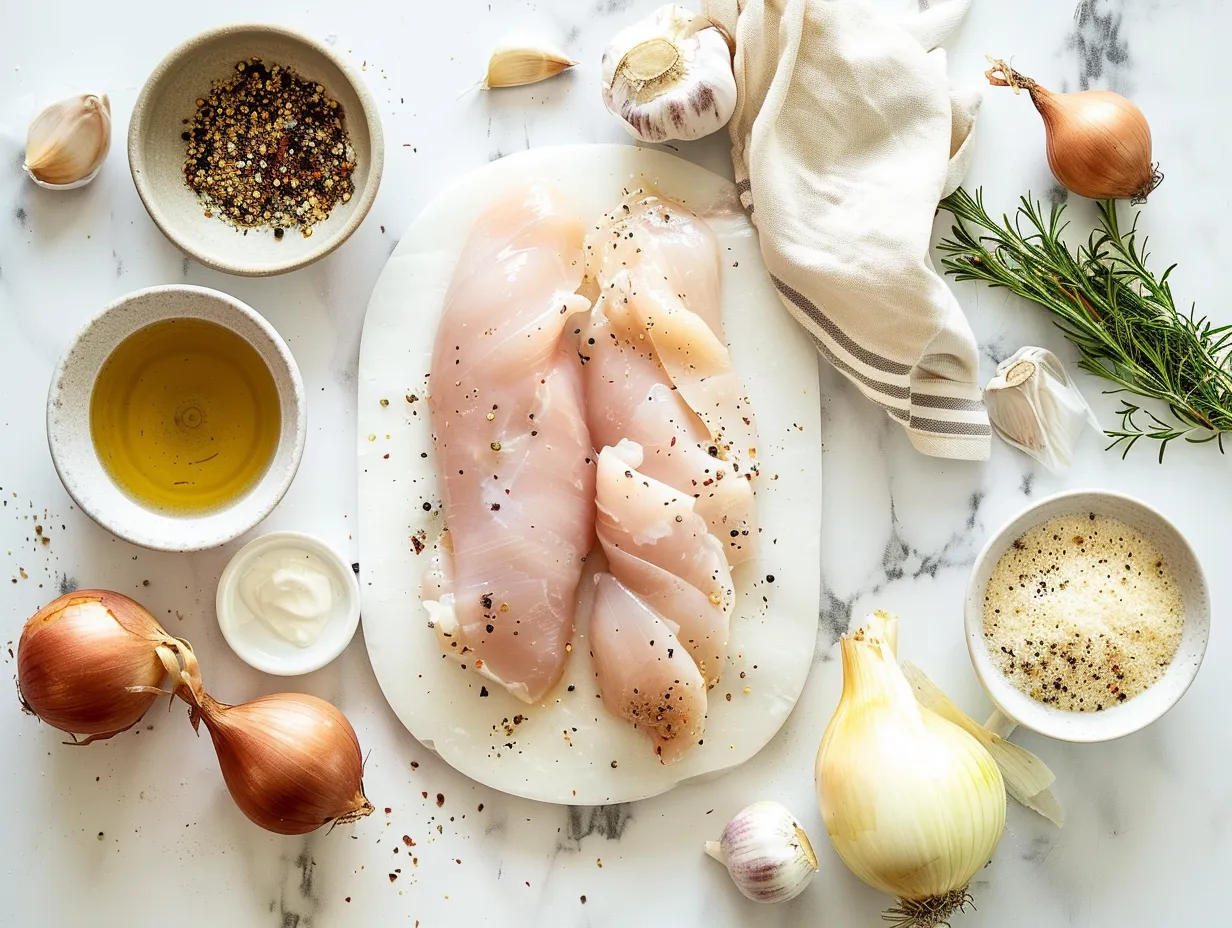 Raw ingredients for cheesy stuffed chicken rolls with caramelized onions including chicken breasts, onions, cheese, and spices