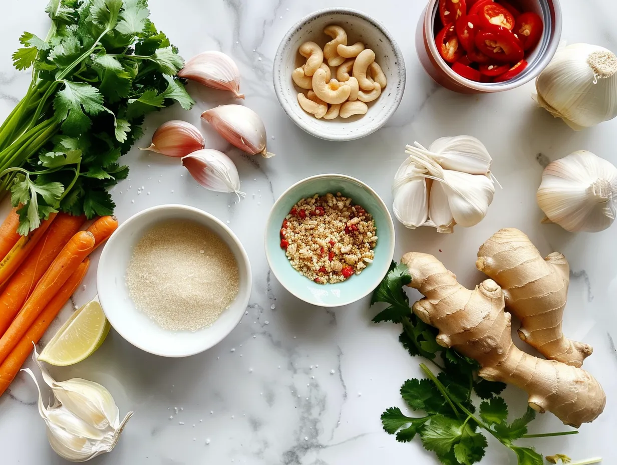 Ingredients for making chicken fried rice including rice, chicken, vegetables, and soy sauce.