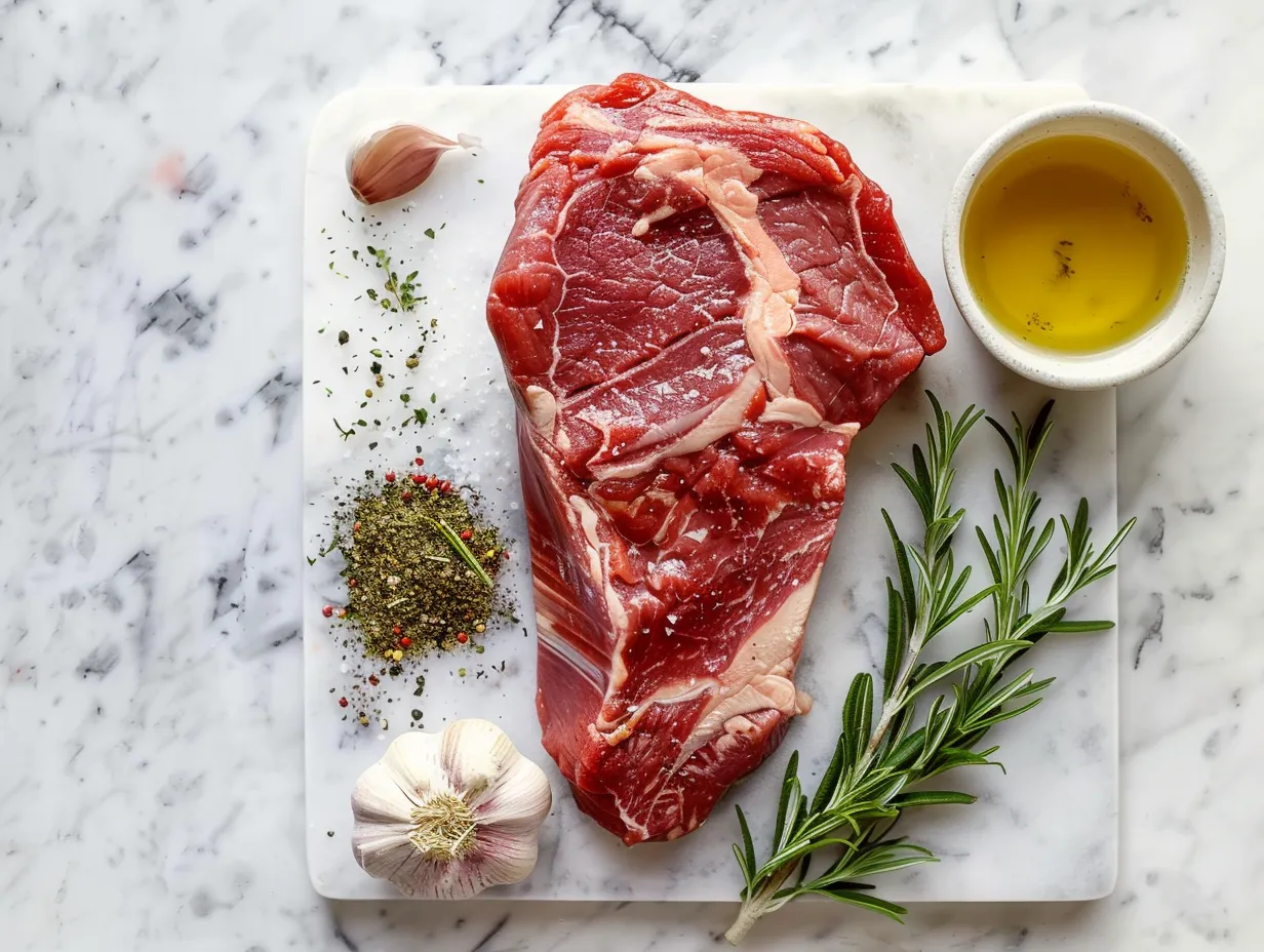 Raw ingredients for Cuban-Inspired Chuck Roast, including beef, vegetables, and spices.
