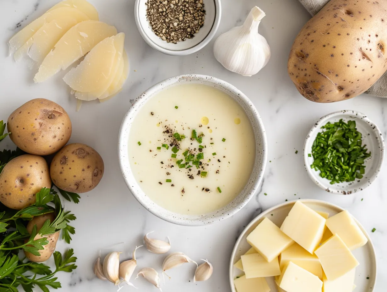 Raw ingredients for Copycat Outback Potato Soup Recipe including bacon, potatoes, cheese, and spices