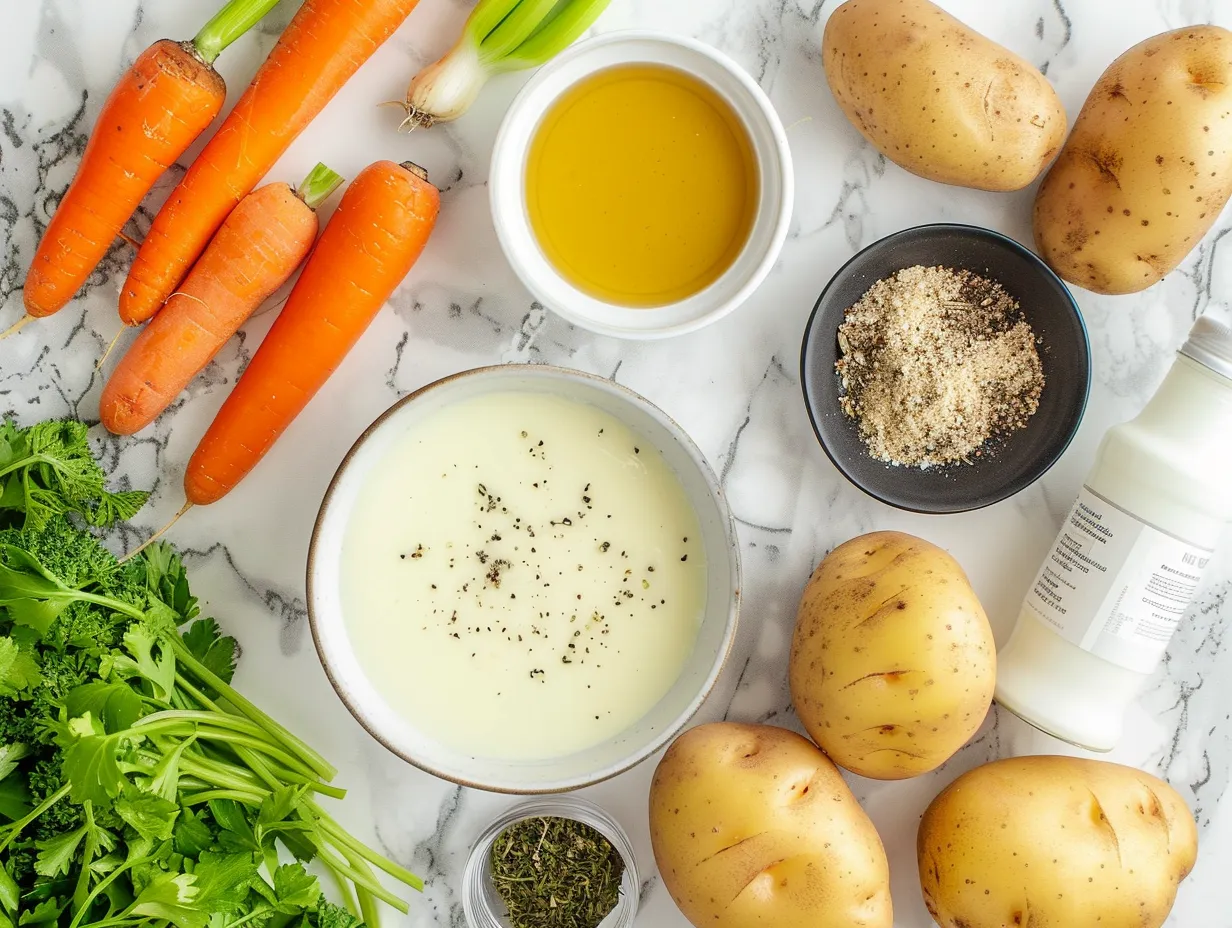 A close-up shot showcasing the raw ingredients for Crockpot Potato Soup, including Yukon gold potatoes, diced onion, garlic, and spices, arranged artfully on a wooden surface.