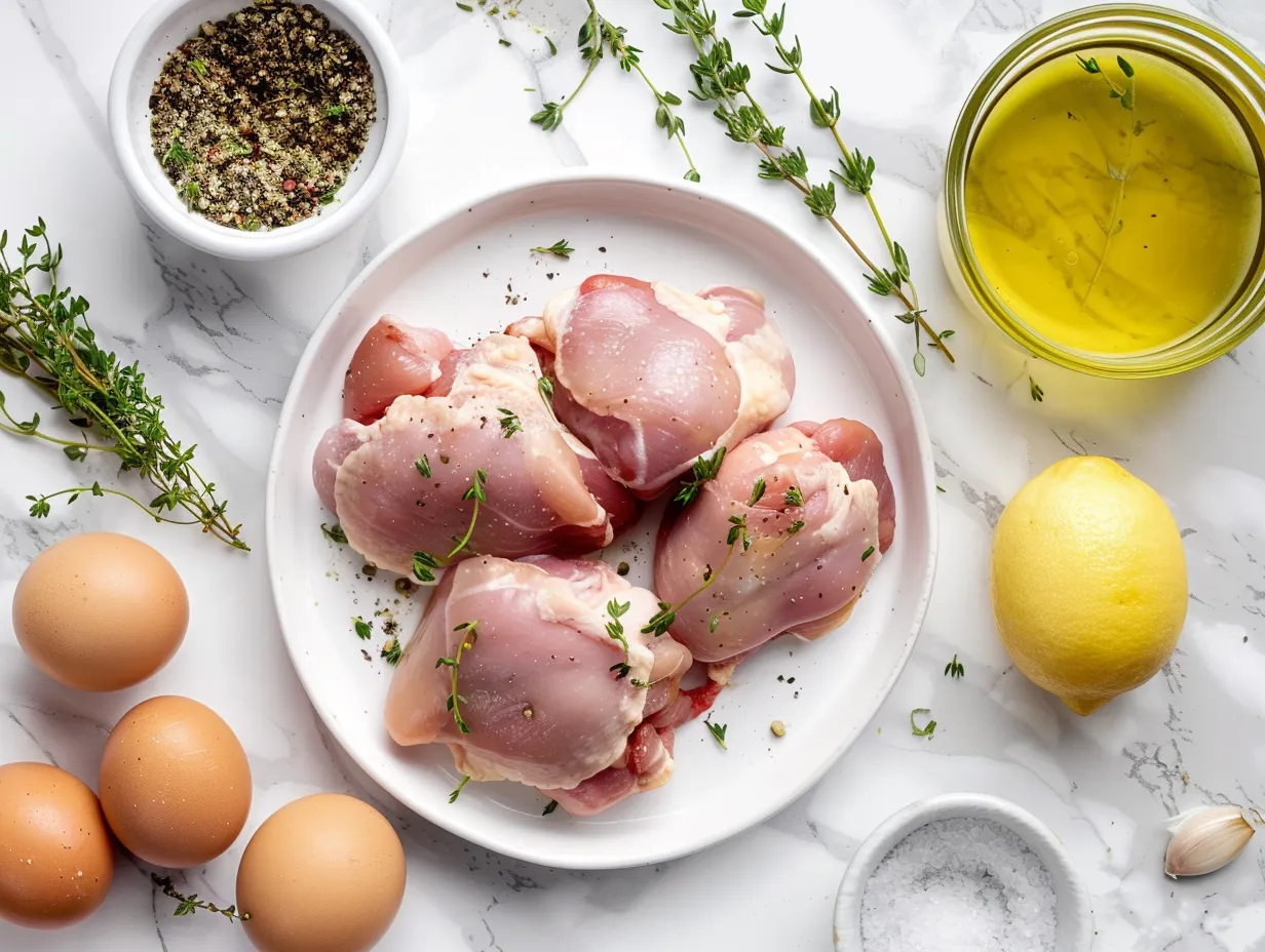 Raw ingredients for deviled chicken thighs including chicken thighs, Dijon mustard, mayonnaise, smoked paprika, and other spices