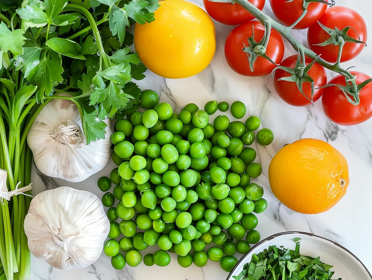 A vibrant display of the raw ingredients for Greek Green Peas Stew: olive oil, fresh vegetables, herbs, and spices.