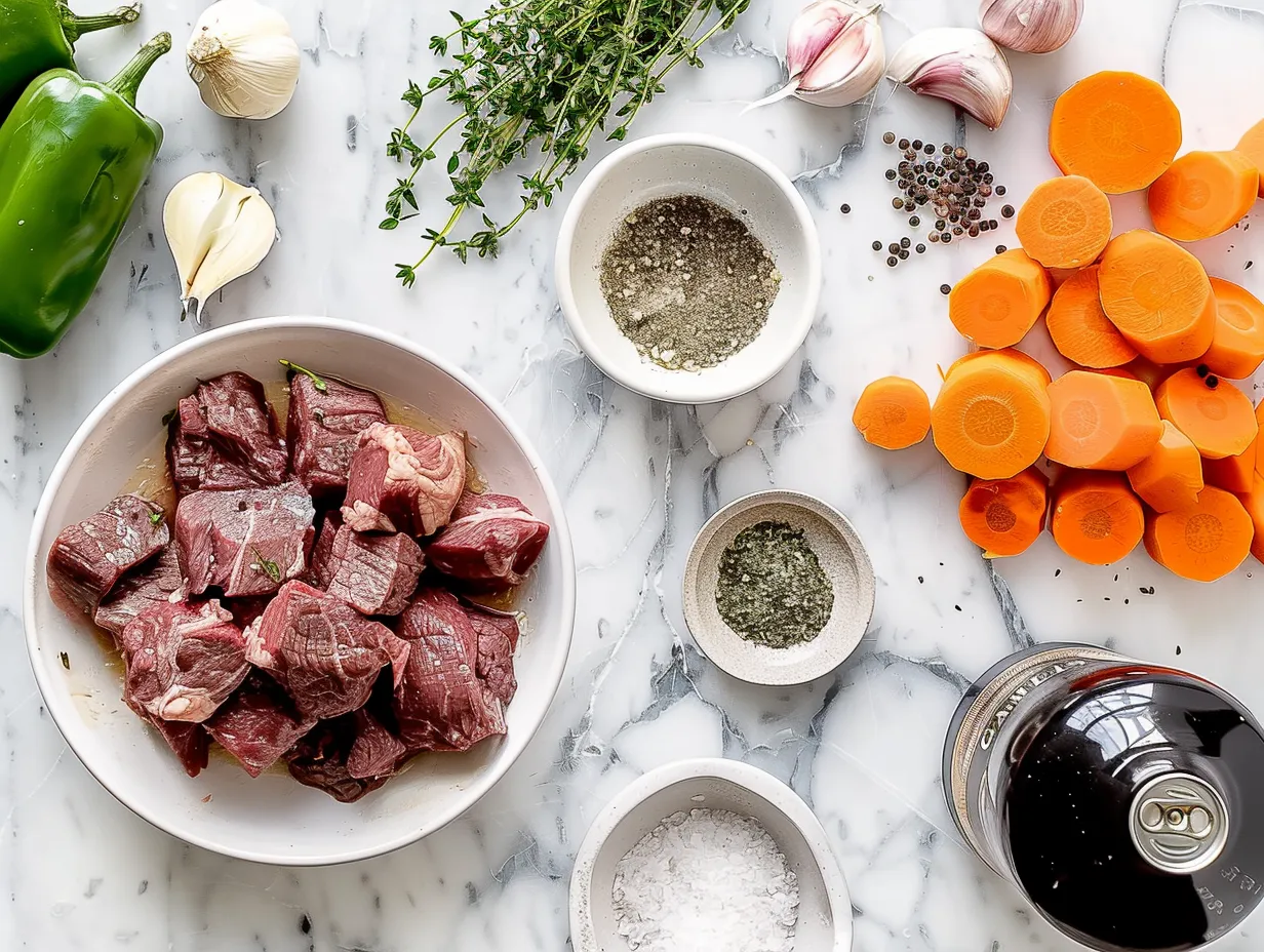 Raw ingredients for homemade Guinness Beef Stew, including beef chuck, vegetables, and Guinness Stout.