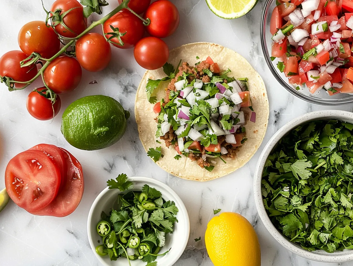 Raw ingredients for making chorizo tacos including chorizo, onion, cilantro, lime, and spices.