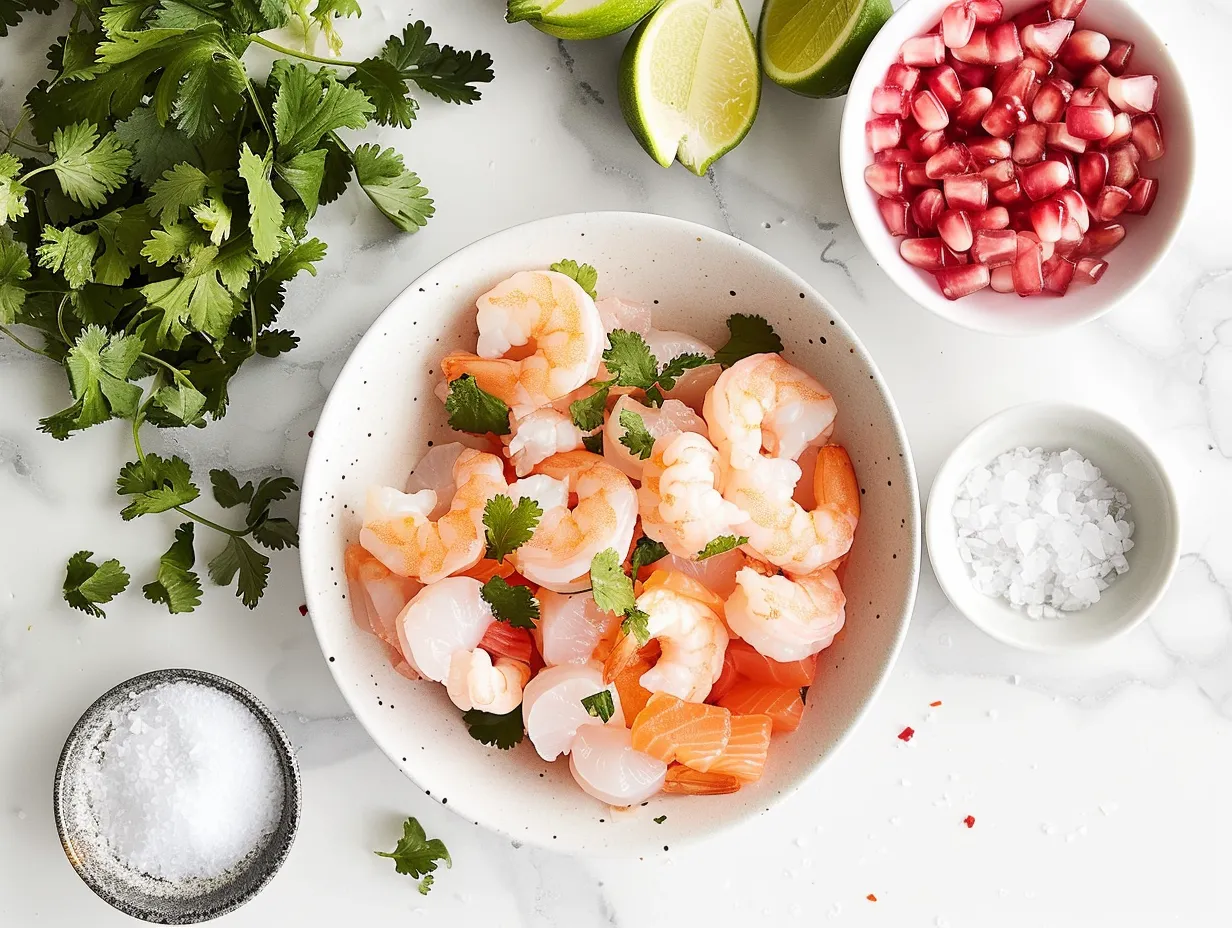 Raw ingredients for making Peruvian Shrimp Ceviche, including shrimp, limes, peppers, and onions.