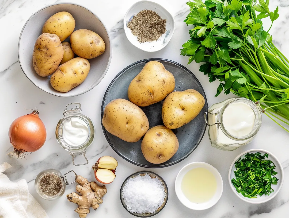 Raw ingredients for creamy potato soup including potatoes, onions, garlic, and spices