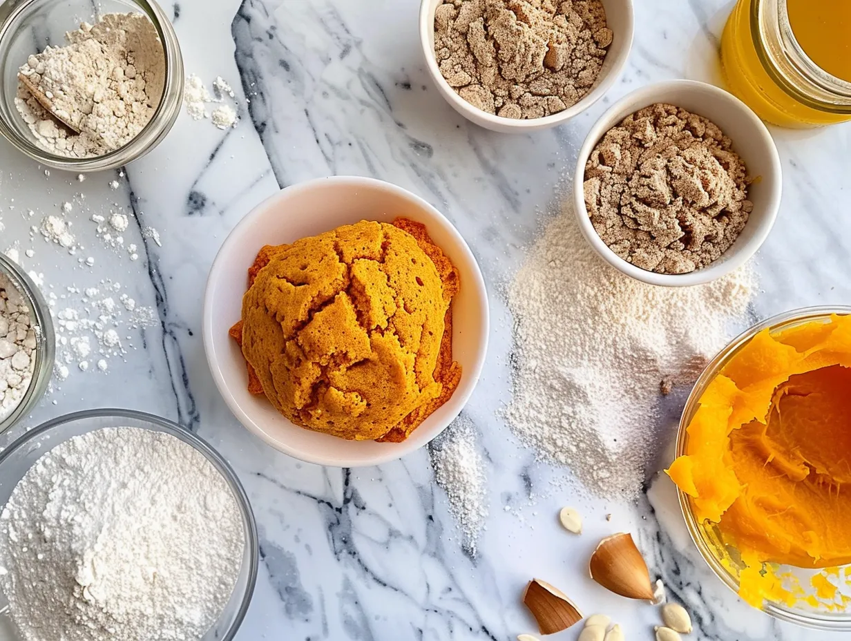 Raw ingredients for Pumpkin Muffins, including flour, sugar, pumpkin puree, spices, and eggs.