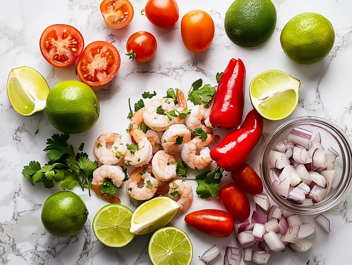 Raw ingredients for making Shrimp Ceviche Recipe including shrimp, lime, onion, jalapenos, cilantro, tomatoes and avocado