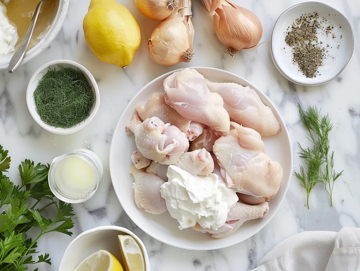 Ingredients for making sour cream and onion chicken on a wooden cutting board