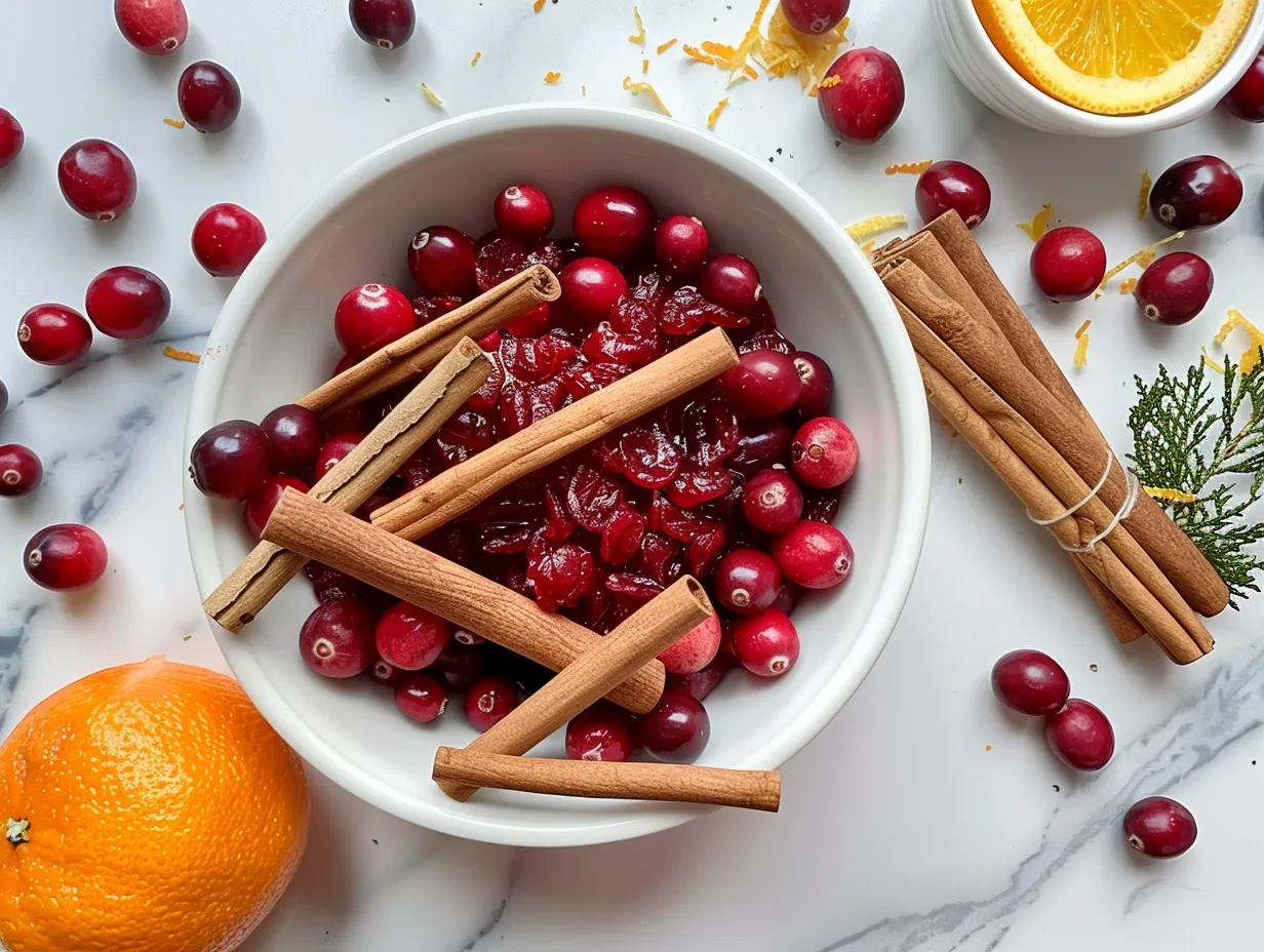 Ingredients for Spiced Cranberry Sauce, including cranberries, sugar, and spices