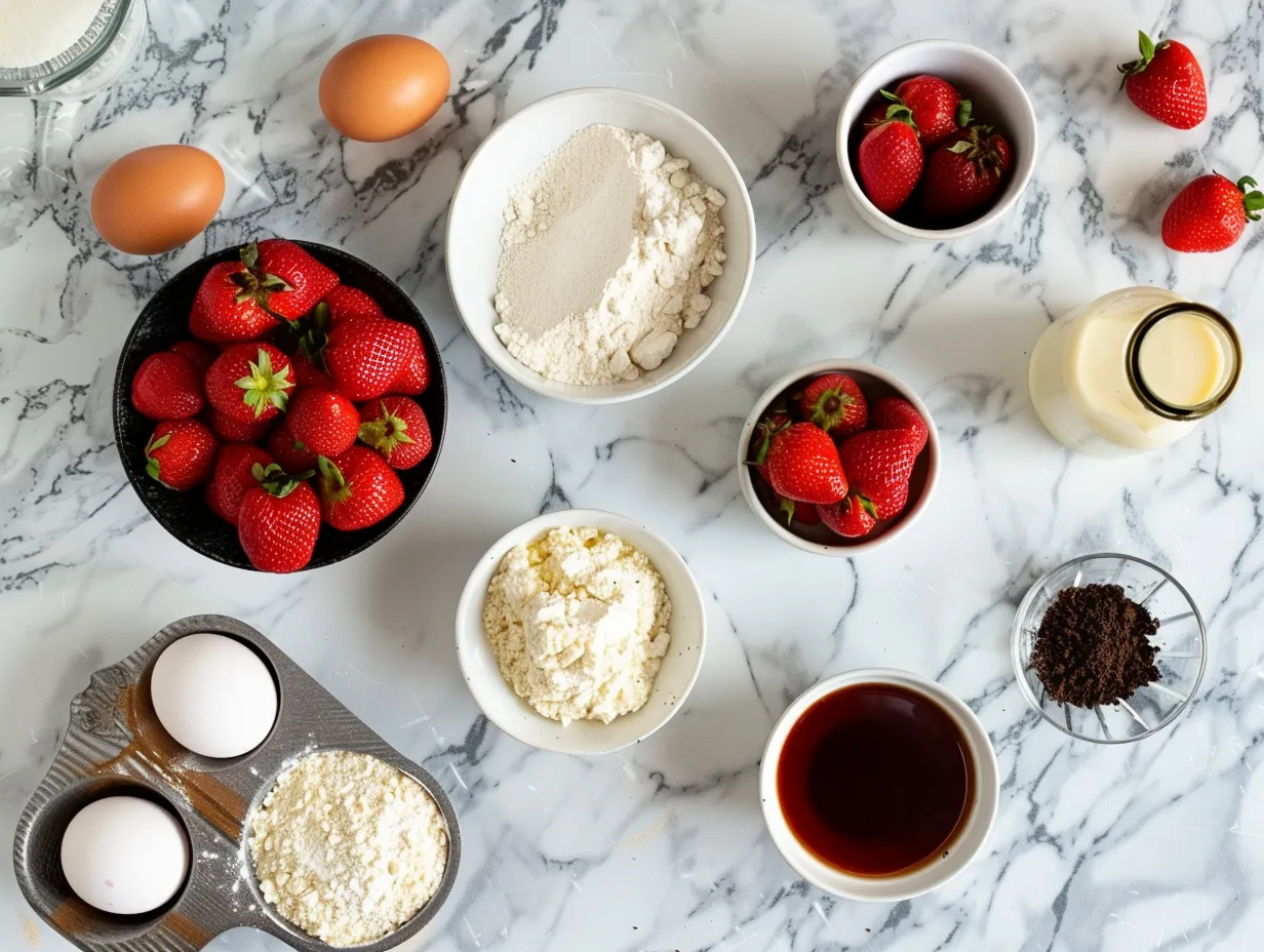 Ingredients for strawberry cheesecake dump cake including yellow cake mix, strawberry pie filling, cream cheese, butter, sugar, and vanilla extract