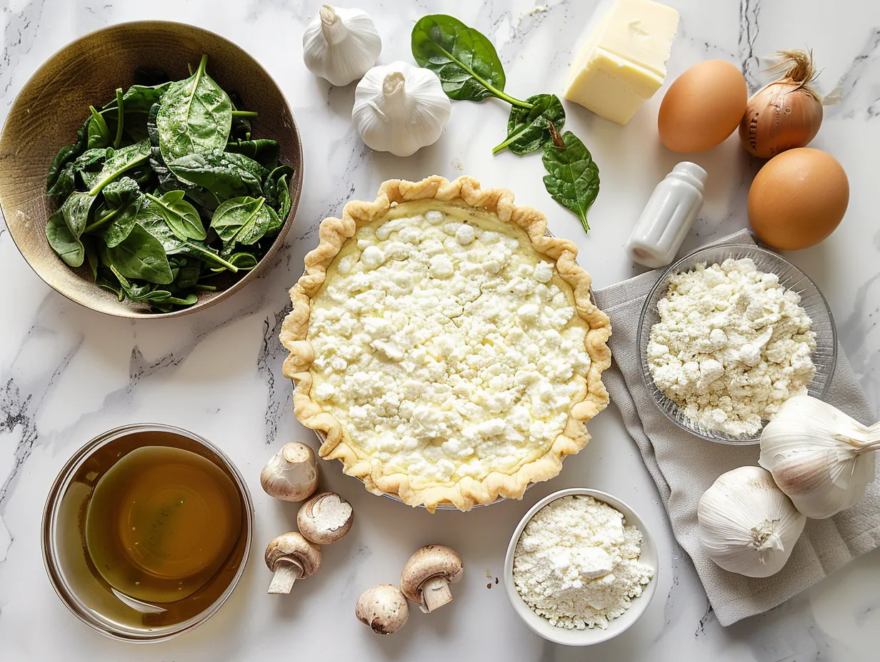 Ingredients for Ricotta Spinach Quiche including spinach, ricotta cheese, eggs, parmesan cheese, heavy cream, garlic, nutmeg, salt, pepper, and olive oil.