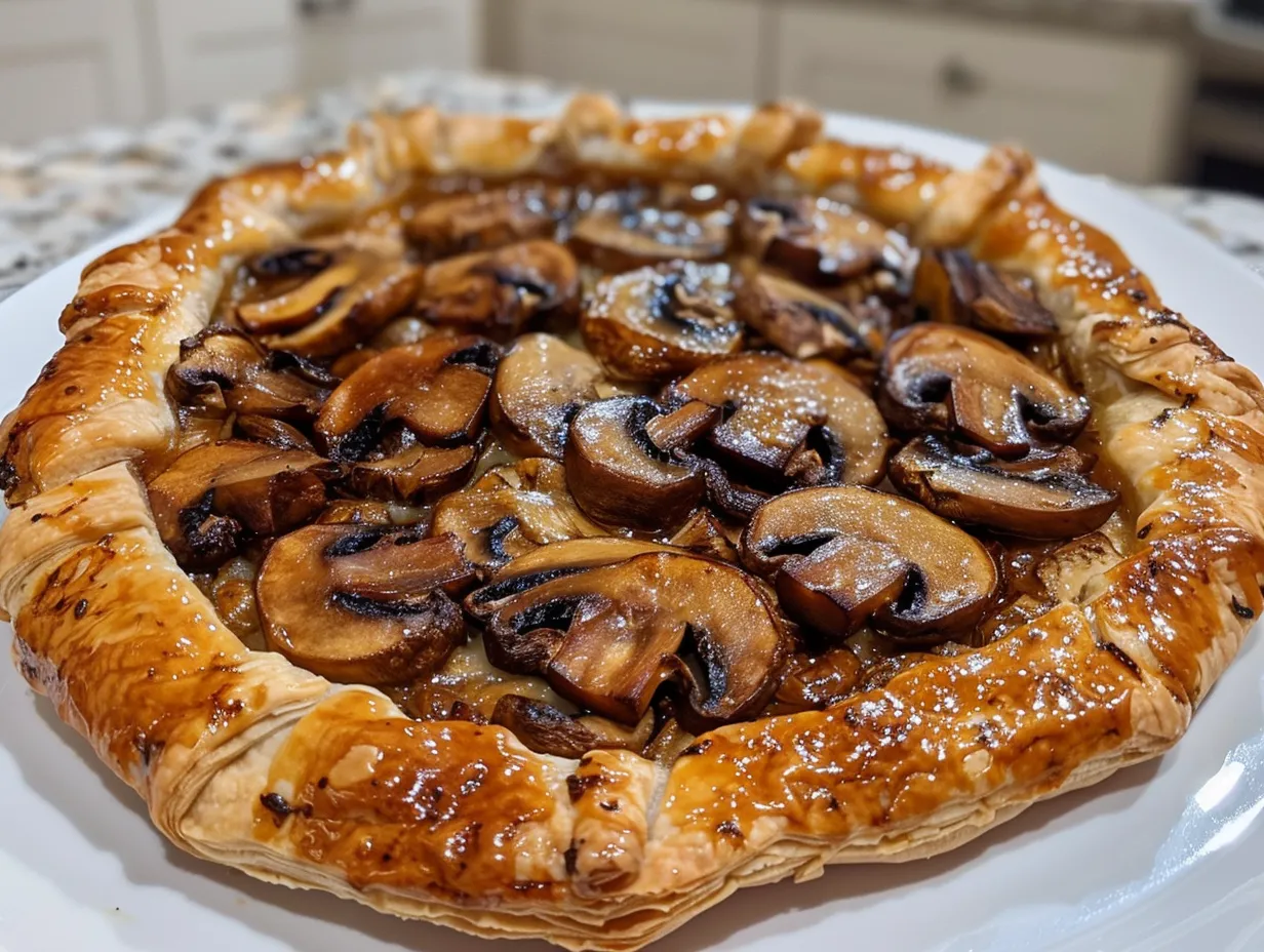 A beautifully displayed rustic mushroom galette, sliced and ready to serve, showcasing its golden-brown crust and savory filling.