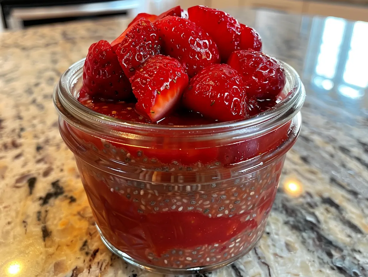 Delicious and creamy Strawberry Chia Seed Pudding With Coconut Milk in a clear glass.