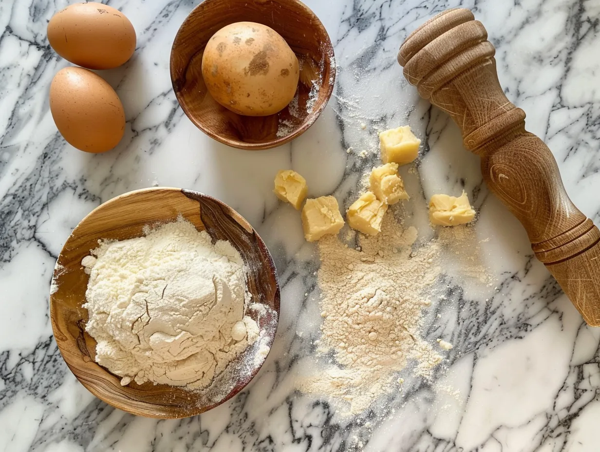 Ingredients for making homemade sweet potato rolls, including sweet potatoes, flour, yeast, and butter.