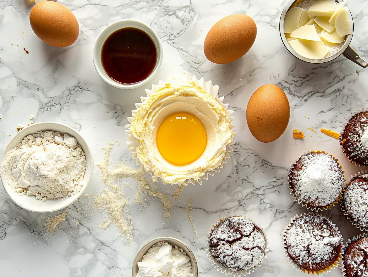 All the ingredients needed to make vanilla cupcakes are displayed on a marble countertop.