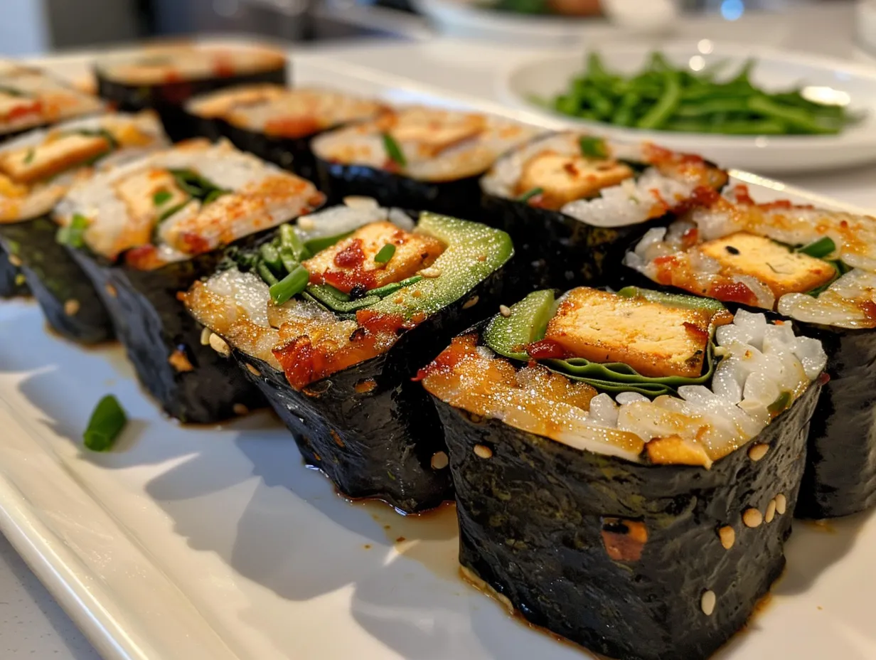 Deliciously prepared vegan avocado tofu sushi roll, artfully arranged on a plate with sesame seeds.