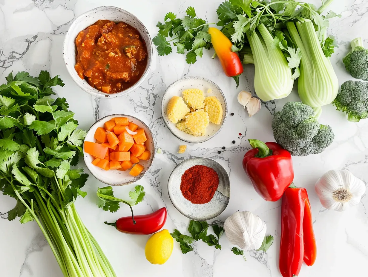 Ingredients for Vegetarian Chili with Cornbread including canned tomatoes, beans, corn, vegetables, and spices