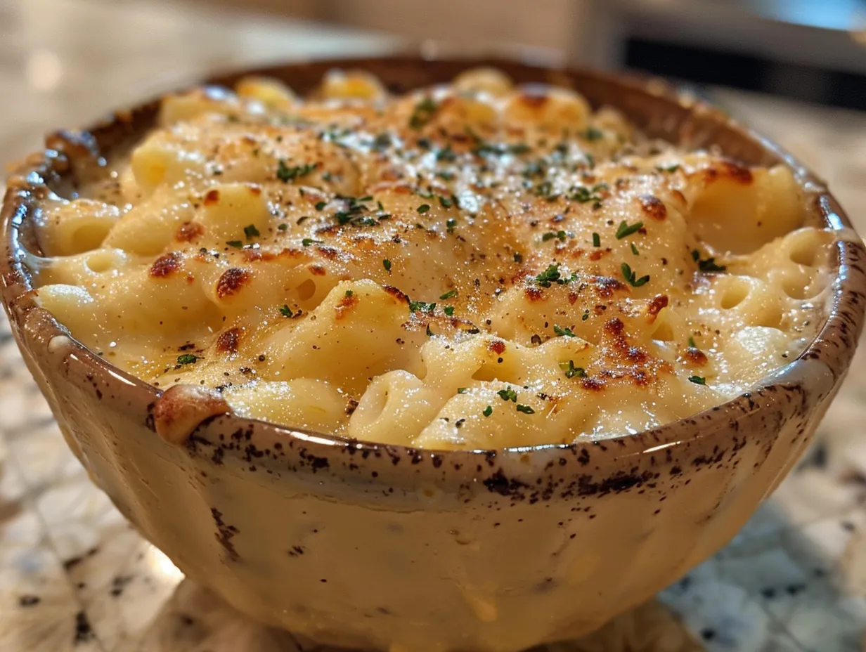 A bowl of comforting mac and cheese soup with melted cheese and herbs.