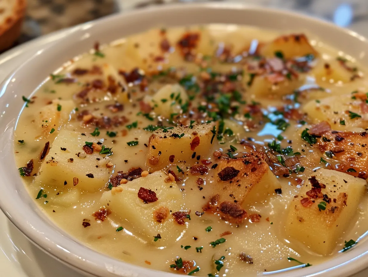 A bowl of German Potato Soup garnished with bacon, parsley, and sour cream