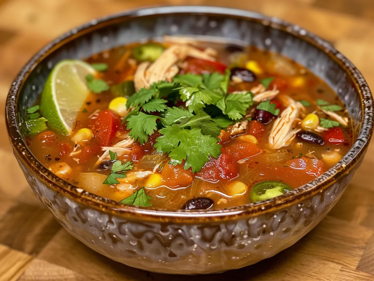 A single bowl filled with vibrant and flavorful Southwest Chicken Soup, garnished with fresh cilantro and a dollop of sour cream.