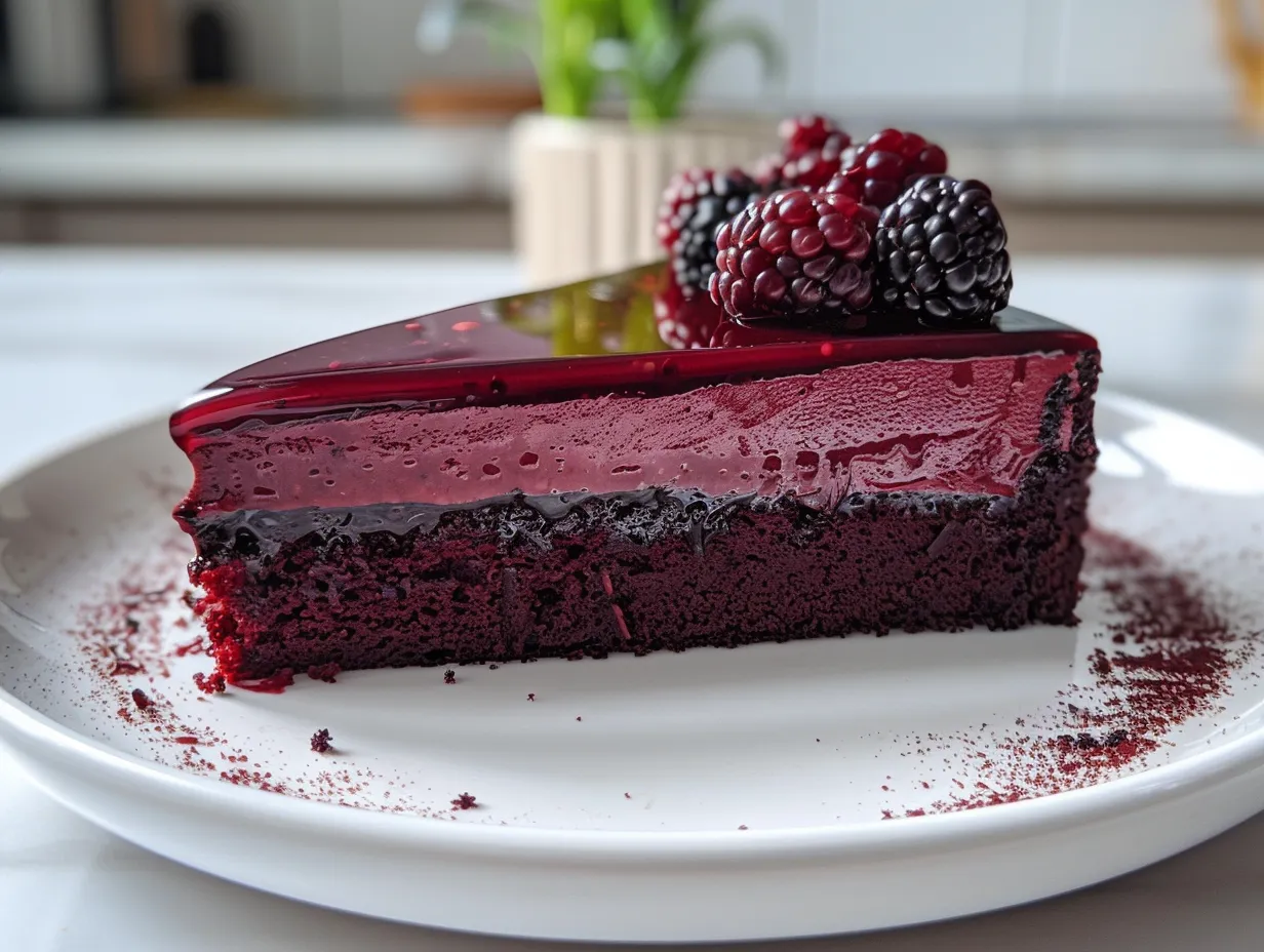 A beautifully decorated Blackberry Velvet Gothic Cake on display