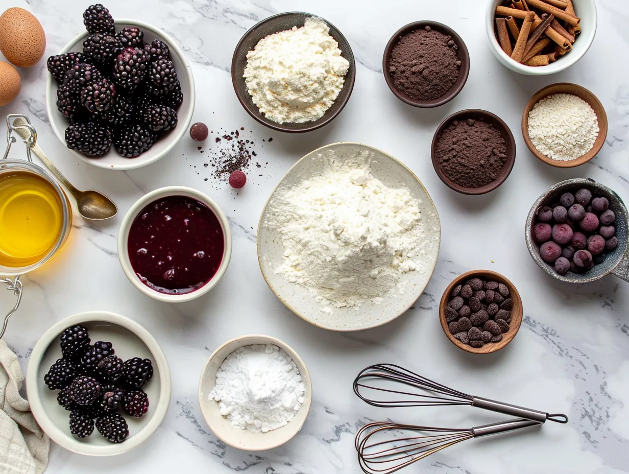 All the ingredients needed for the Blackberry Velvet Gothic Cake laid out in individual bowls