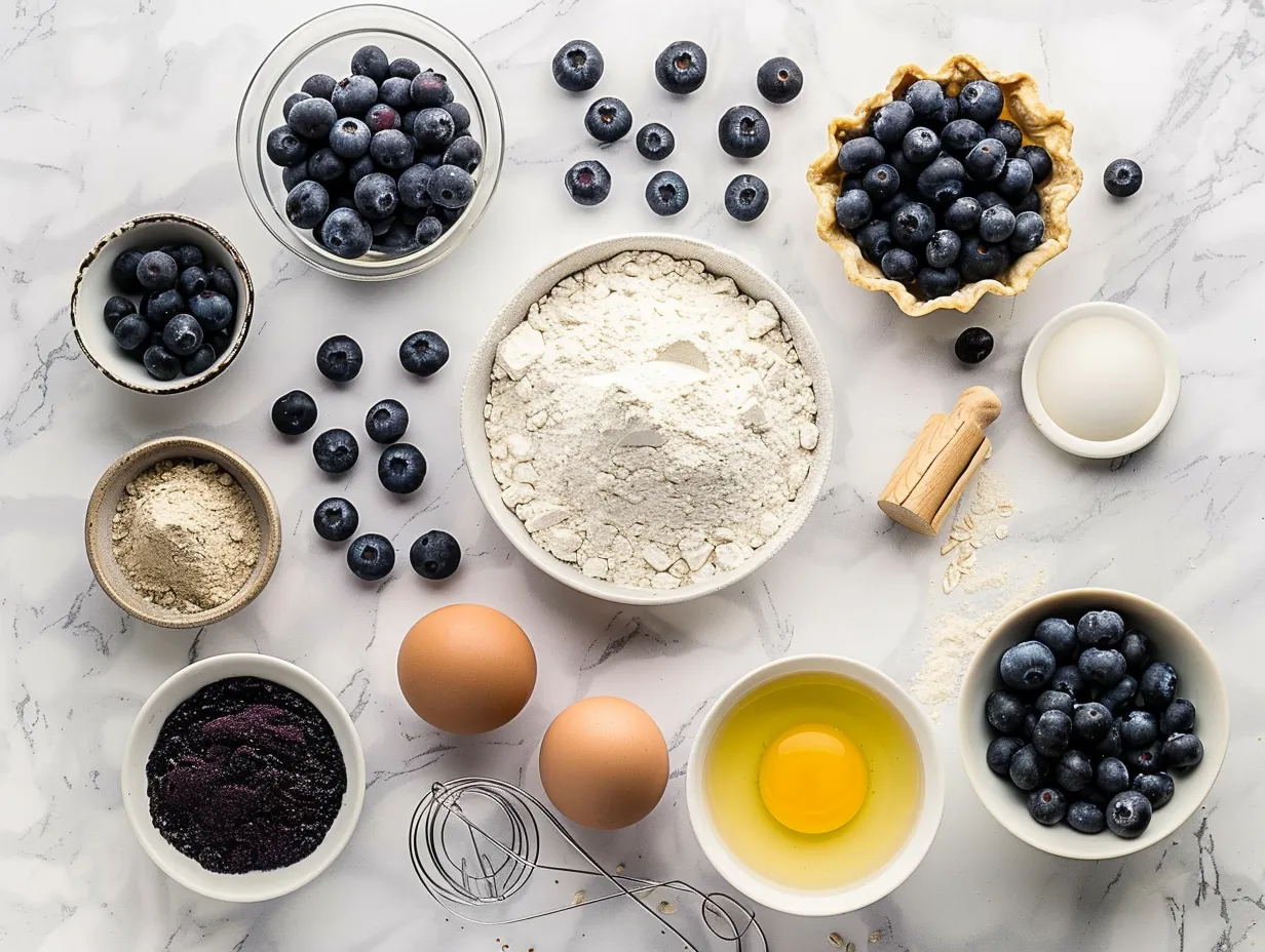 Ingredients for blueberry pie recipe displayed on a marble surface