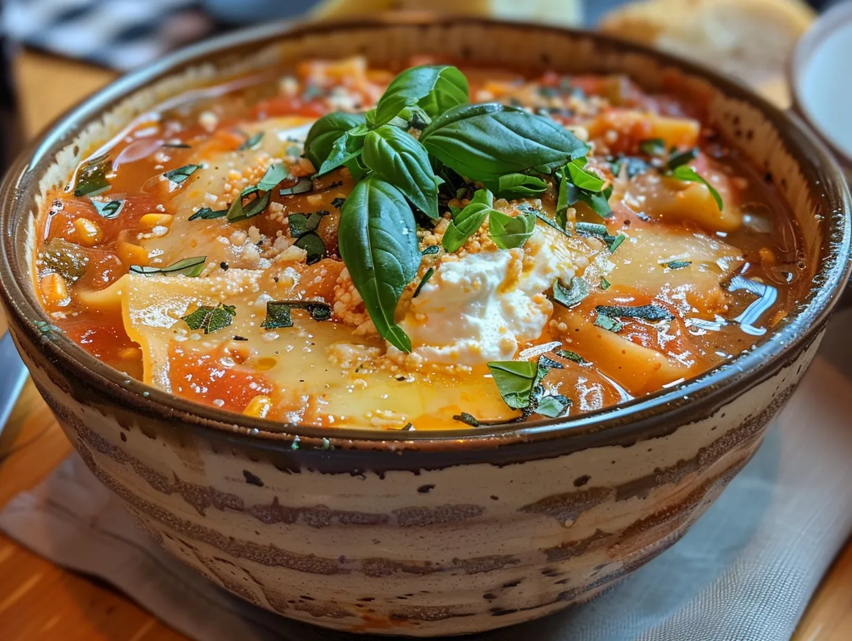 A tempting bowl of freshly made vegetarian lasagna soup