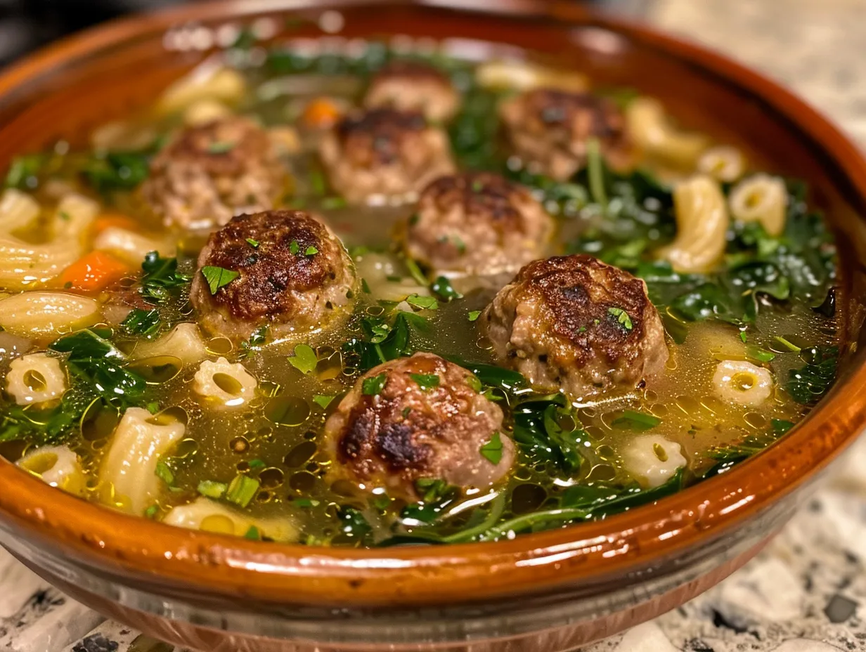 Bowl of homemade Italian Wedding Soup with meatballs, pasta, and spinach