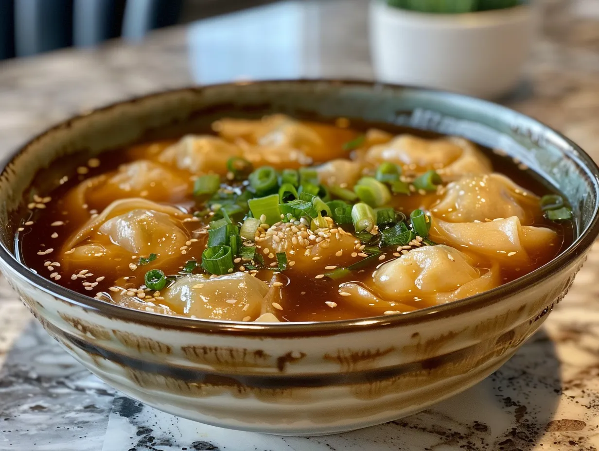 Bowl of homemade potsticker soup with green onions and cilantro