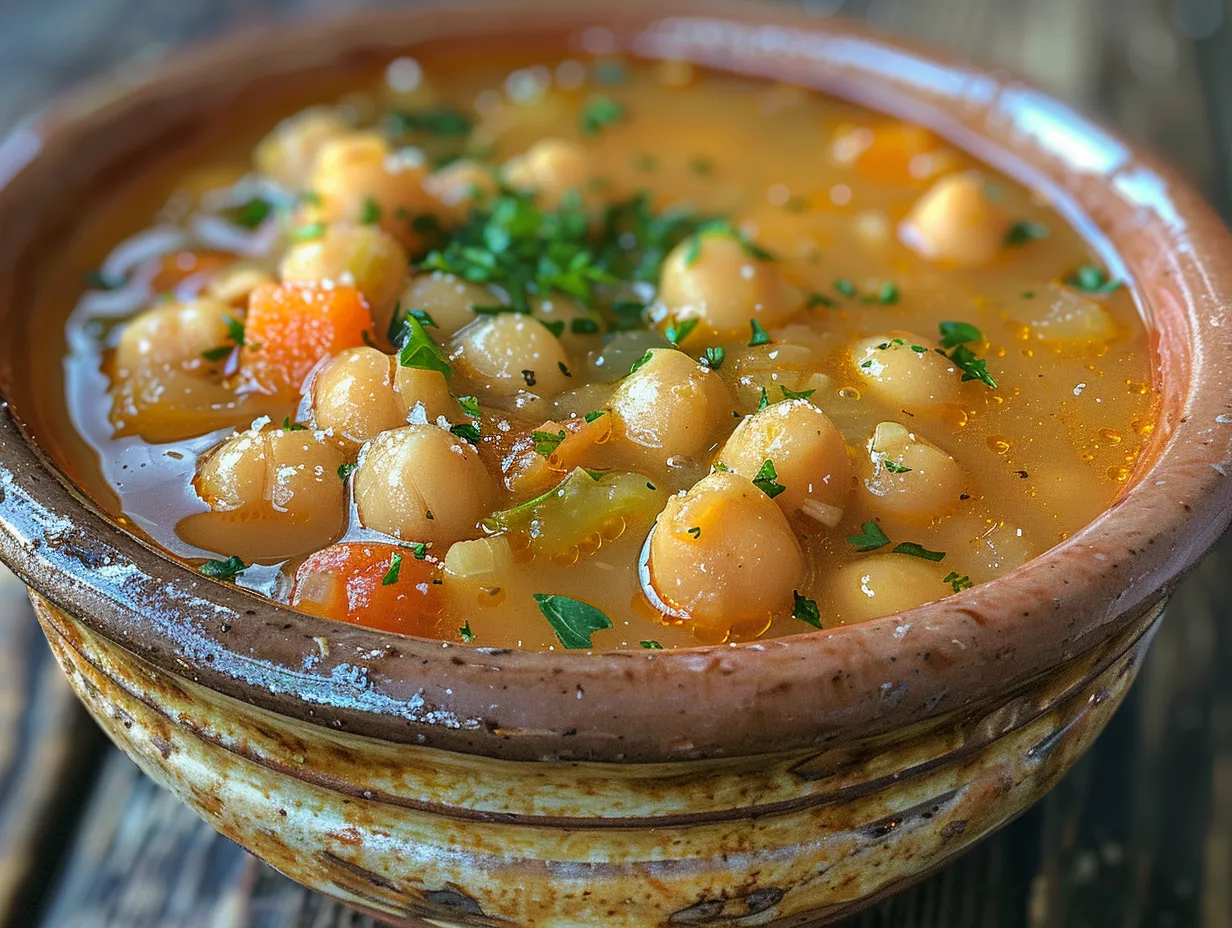 A beautifully presented bowl of Tuscan Chickpea Soup, garnished with fresh herbs and Parmesan cheese.