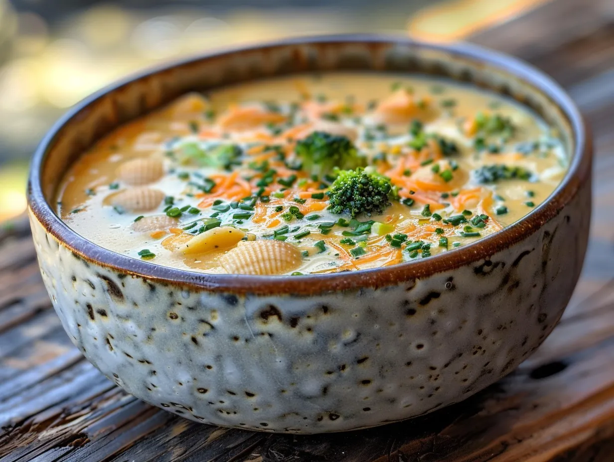 A bowl of delicious Broccoli Cheddar Soup with Shells
