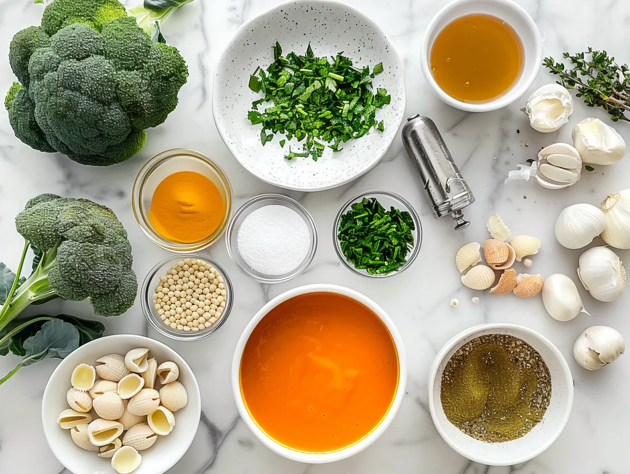 Ingredients for making Broccoli Cheddar Soup with Shells