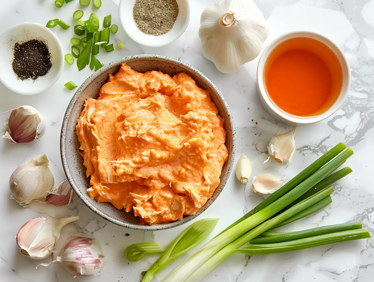Ingredients for making Buffalo Chicken Dip.