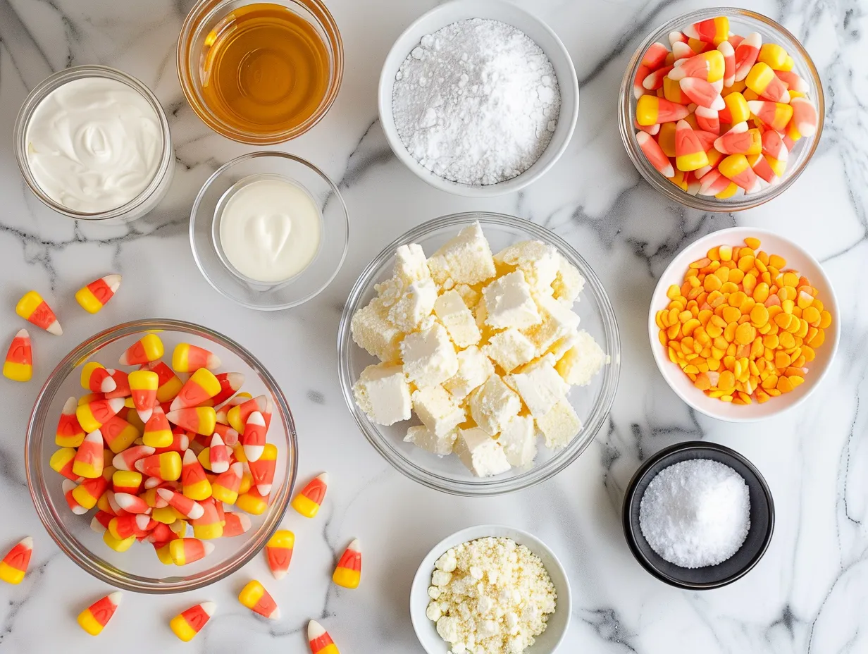 Ingredients for Candy Corn Poke Cake: white cake mix, eggs, oil, water, sweetened condensed milk, caramel topping, Cool Whip, candy corn, and orange and yellow gel food coloring