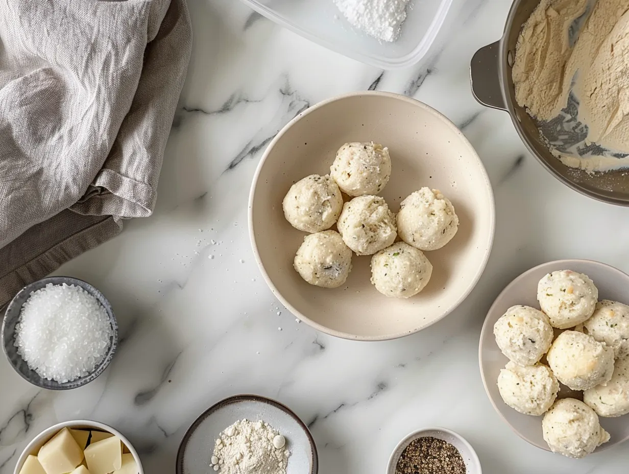 Ingredients for Cheddar Bay Biscuit Sausage Balls including sausage, cheddar bay biscuit mix, cheddar cheese, milk, butter, and spices