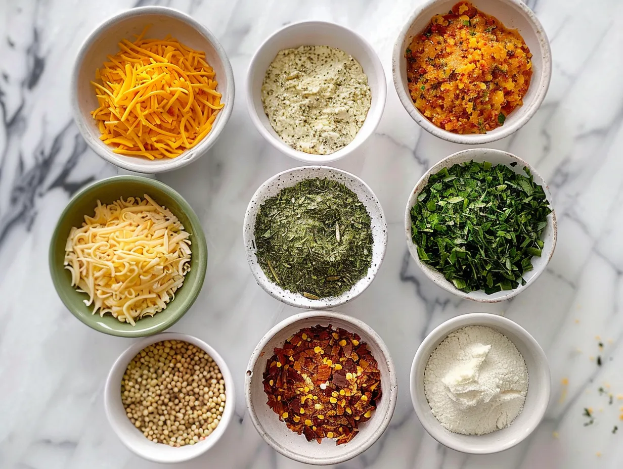 Ingredients for making a Cheddar Ranch Cheeseball, including cream cheese, cheddar cheese, ranch seasoning, sour cream, chives, bacon, and pecans.