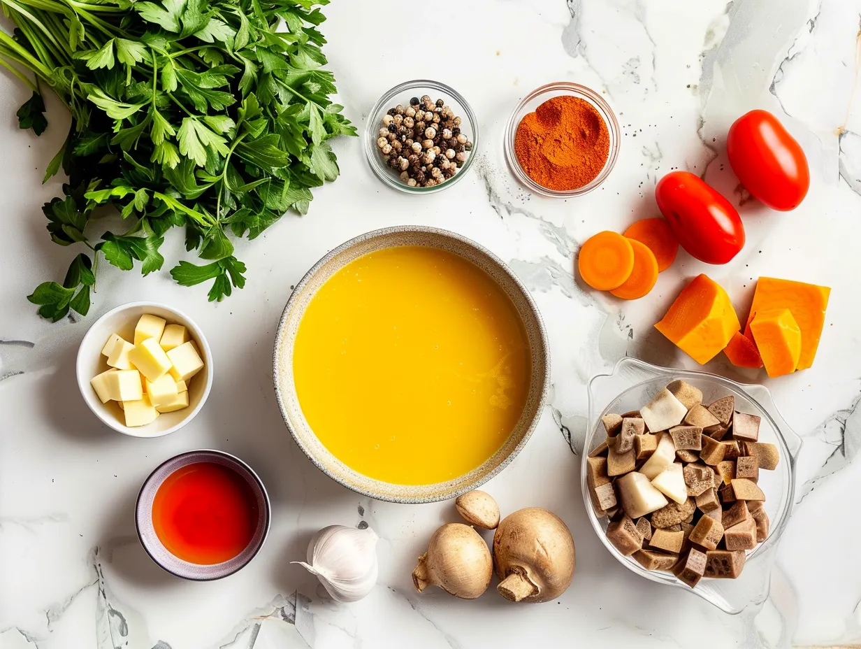 Ingredients for Cheeseburger Soup: Ground beef, onion, garlic, beef broth, diced tomatoes, carrots, celery, mustard, paprika, cream cheese, cheddar cheese, and bacon.
